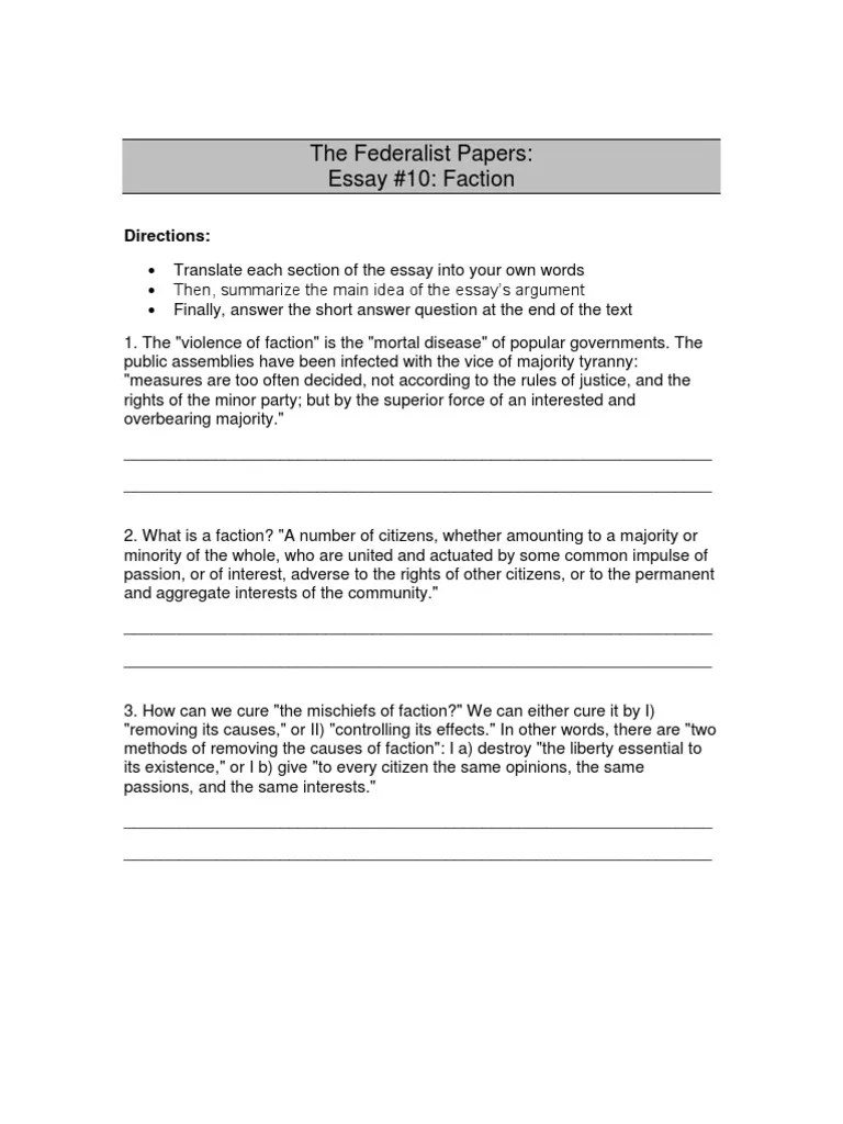 federalist papers 10 and 51 excerpts The Federalist Papers Essays