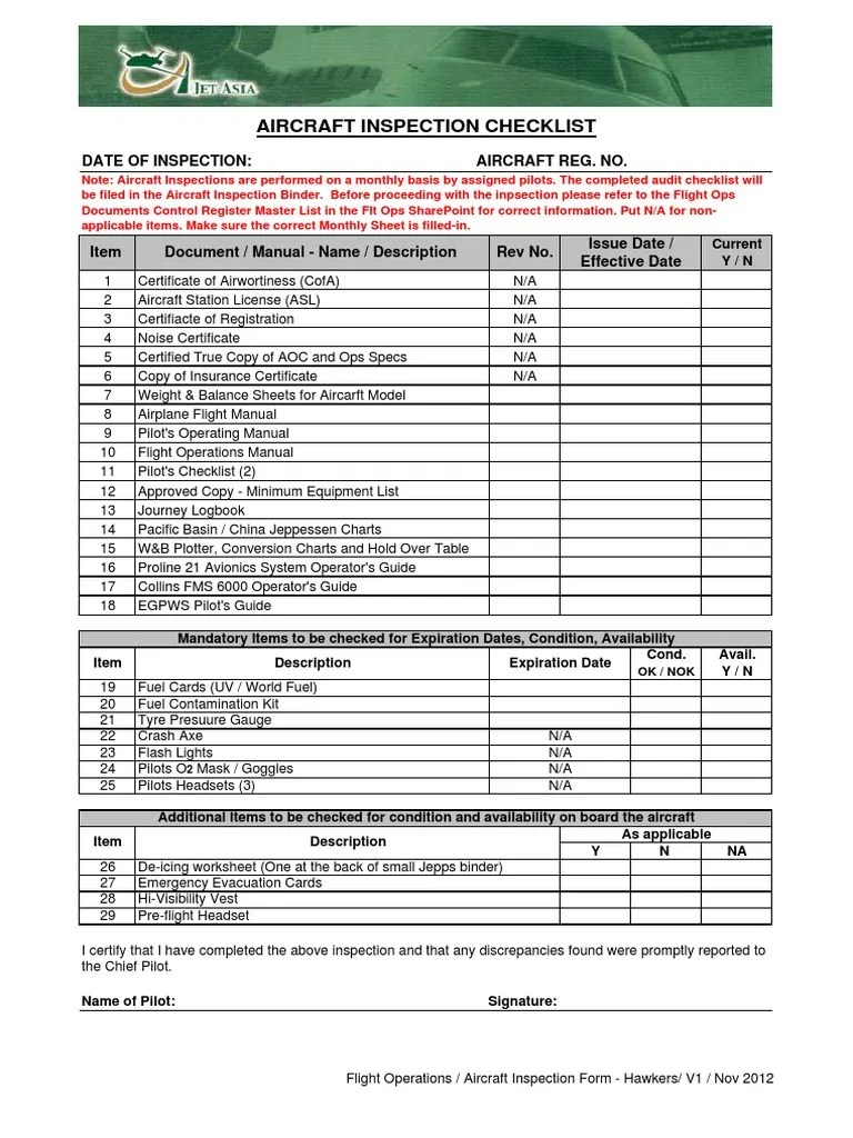 Aircraft Inspection Checklist For Pilots Hawkers