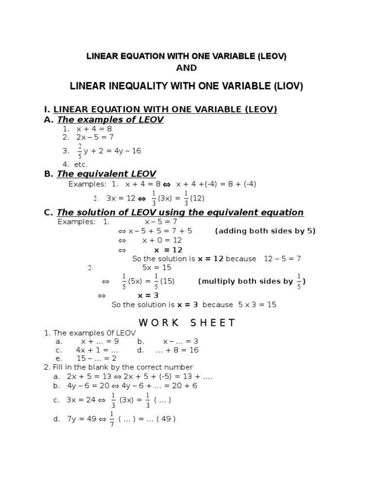 Worksheet of Linear Equation With One Variable | Equations | Applied