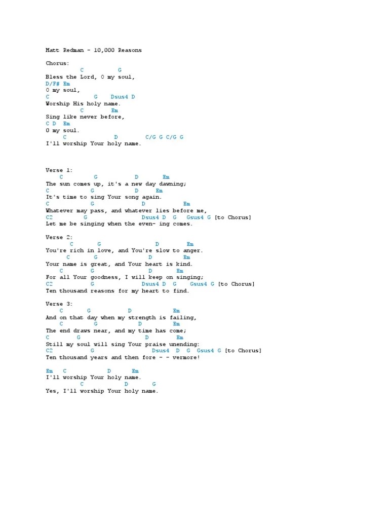 Matt Redman 10,000 Reasons (Guitar / Piano / Bass) Song Structure