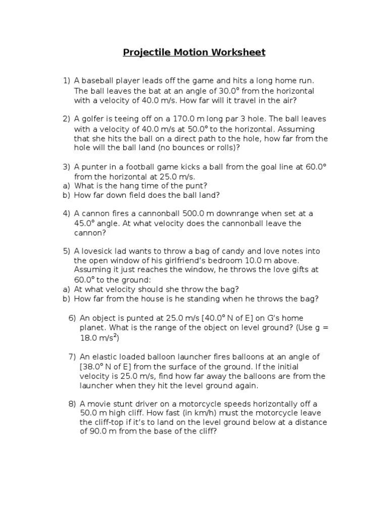 Projectile Motion Worksheet Trajectory Projectiles
