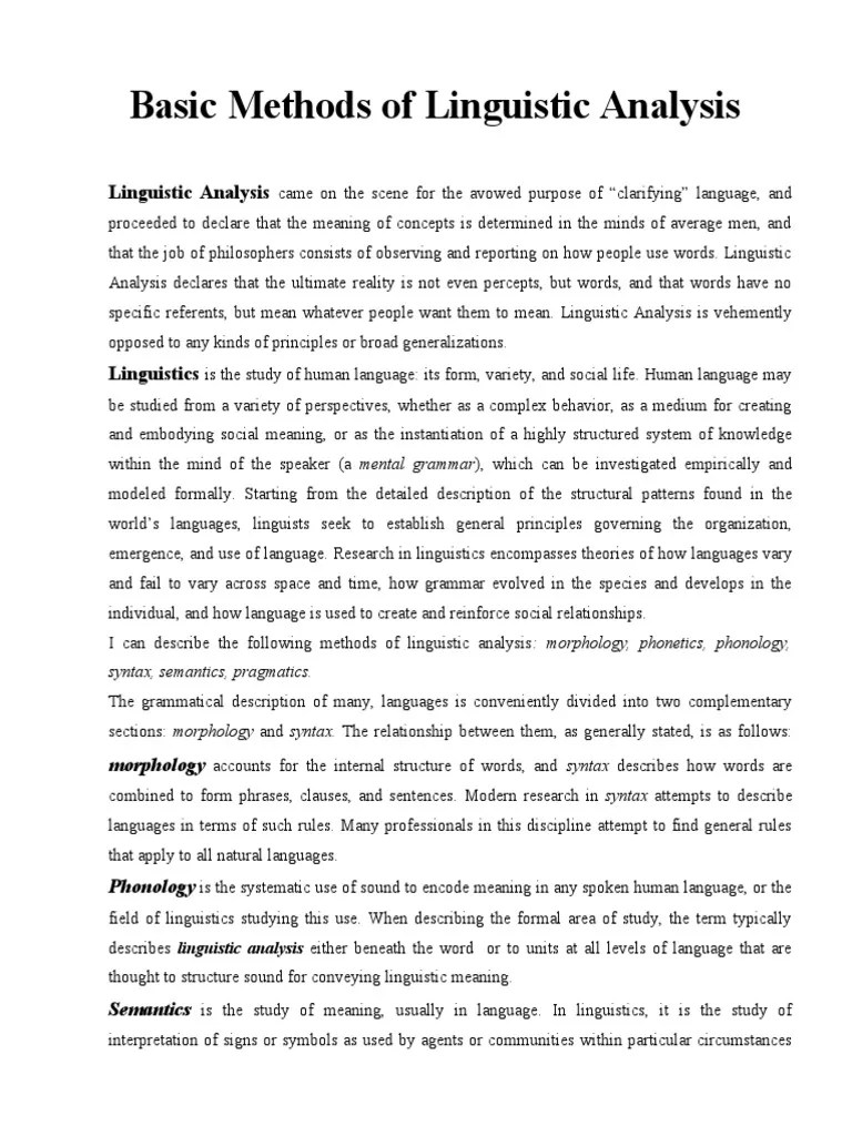 Basic Methods of Linguistic Analysis Linguistics Syntax