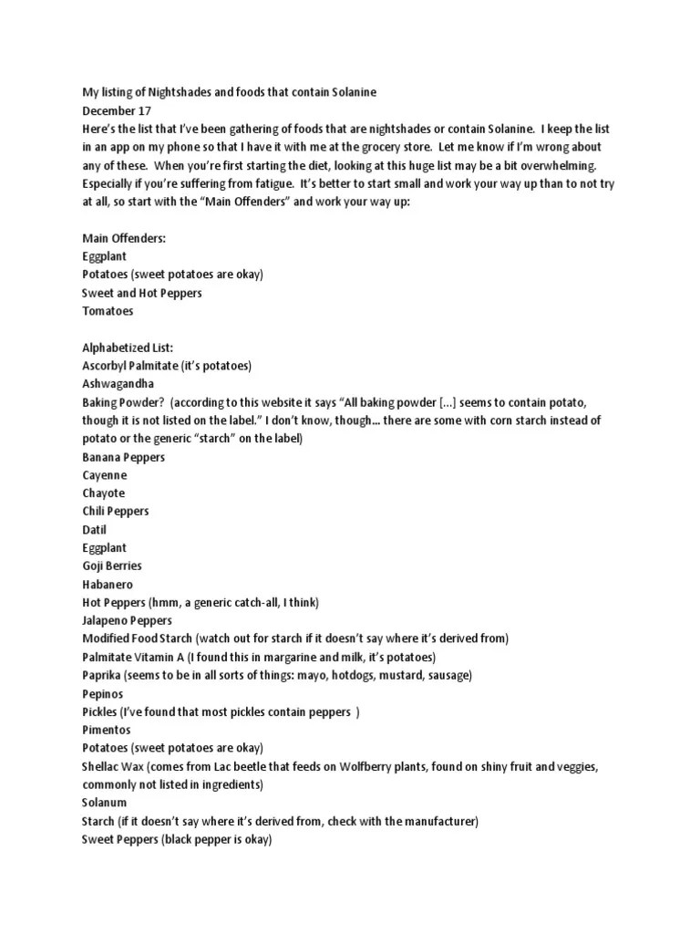 Night Shades Food List and Info PDF Foods