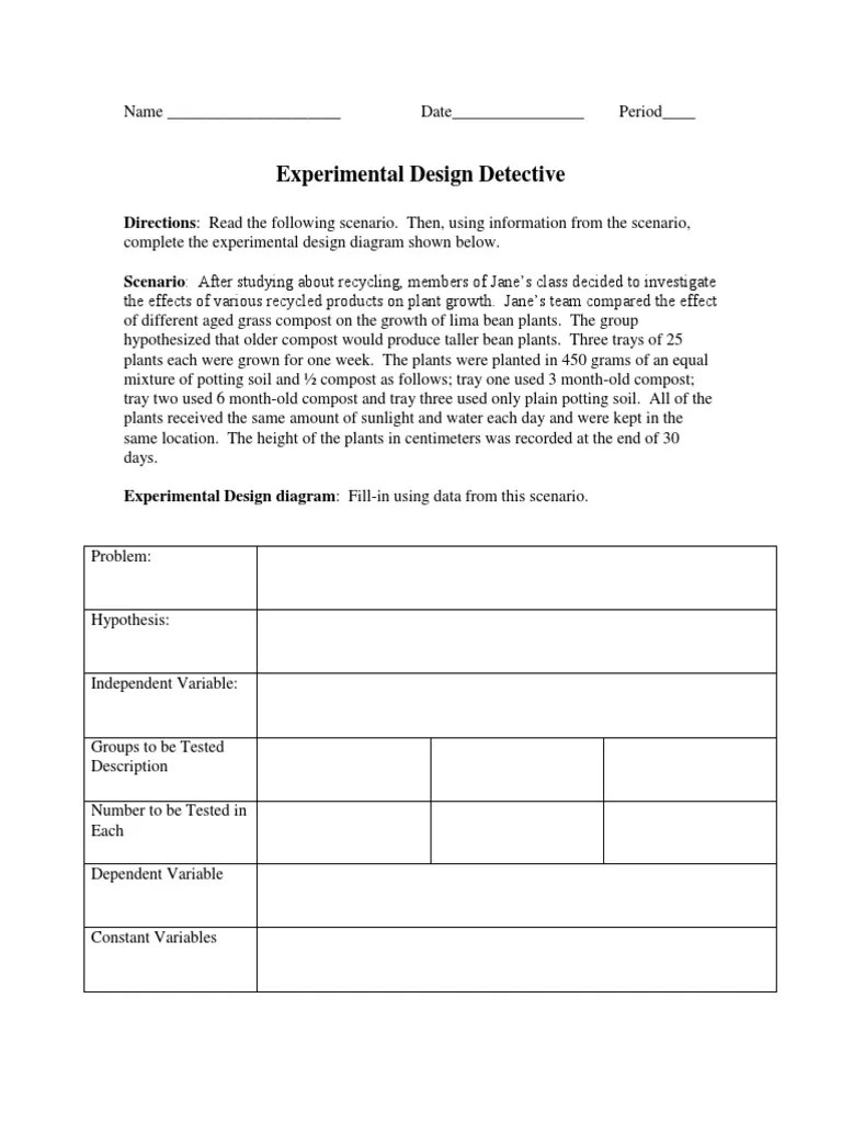 Experimental Design Detective and Variables Practice Worksheets