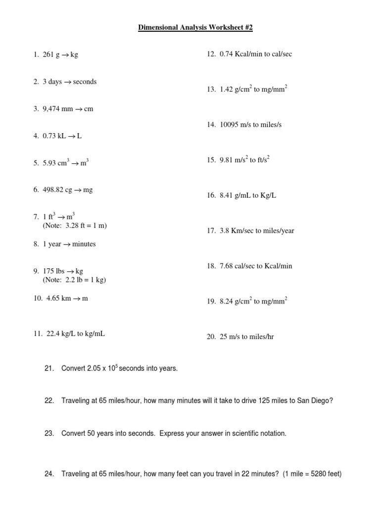 Dimensional Analysis Worksheet 2 PDF Volume Litre