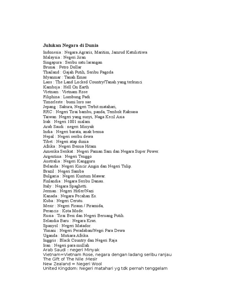 Julukan Negara Di Dunia | PDF