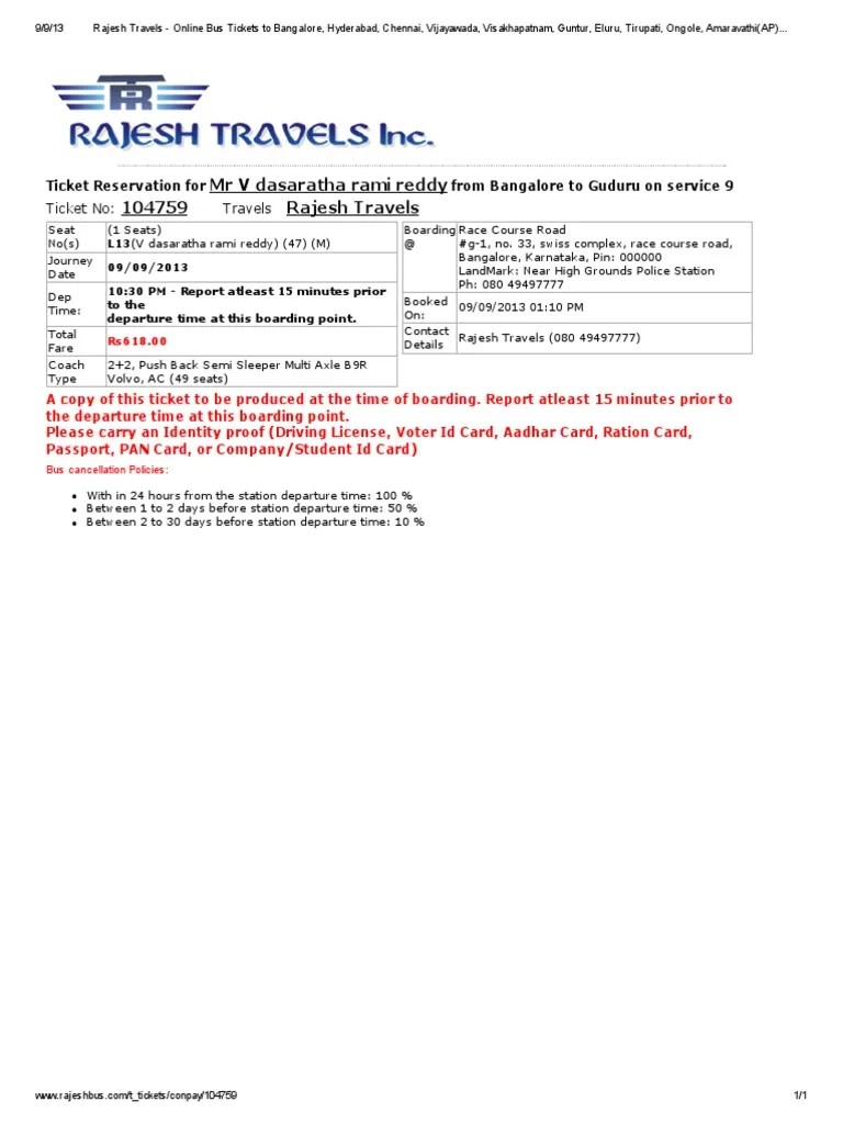 Rajesh Travels Online Bus Tickets to Bangalore