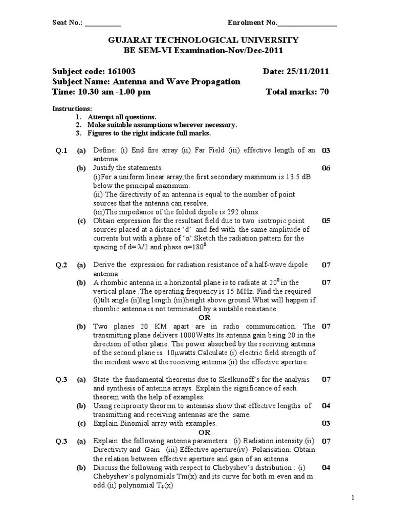 GTU BE SEMVI Exam Nov/Dec 2011 Antenna and Wave Propagation Questions