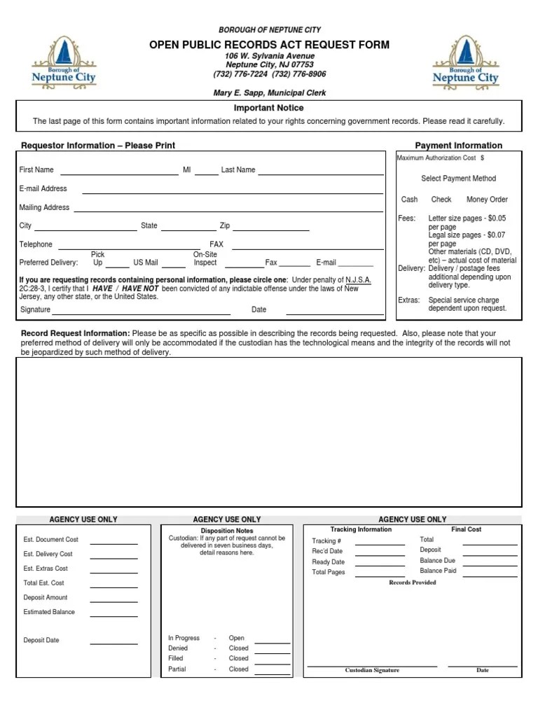 Neptune City OPRA Request Form PDF Discovery (Law) Computer Security