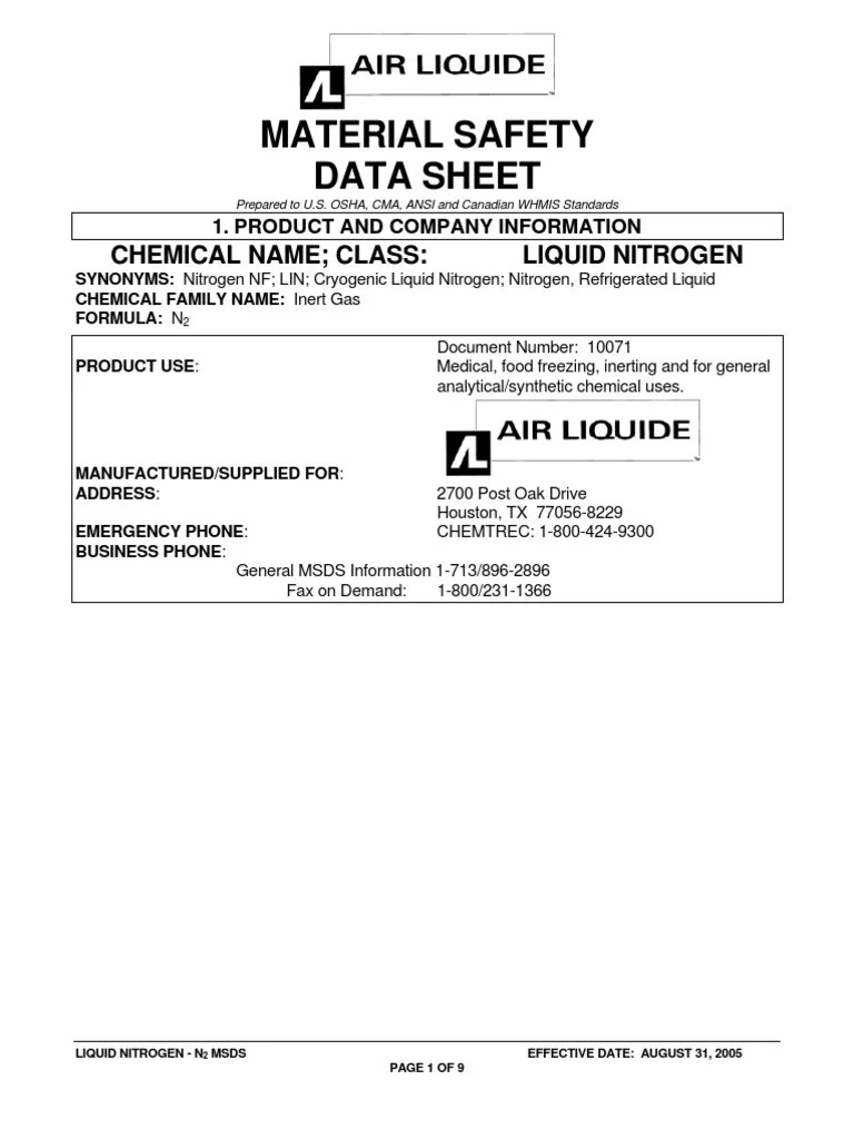 Liquid Nitrogen MSDS PDF Dangerous Goods Nitrogen