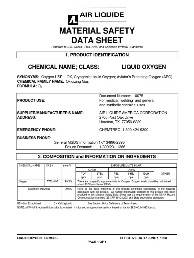 Liquid Oxygen MSds Dangerous Goods Oxygen