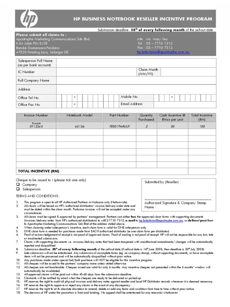 HP BNB Reseller Incentive Claim Form PDF PDF Cheque Receipt