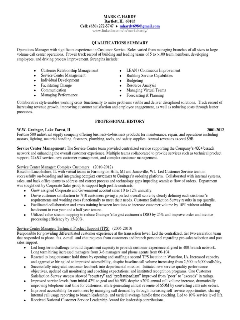 Customer Service Center Manager in Chicago IL Resume Mark
