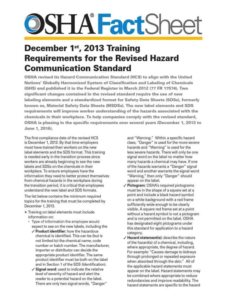 OSHA SDS Training Facts PDF Occupational Safety And Health