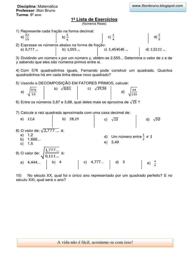 1ª Lista de Exercícios 8º ano (Numeros Reais) Ilton Bruno