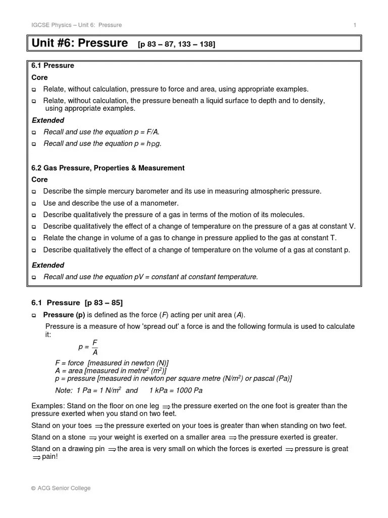 CIE IGCSE Physics (0625) Pressure Notes Pressure Pressure Measurement