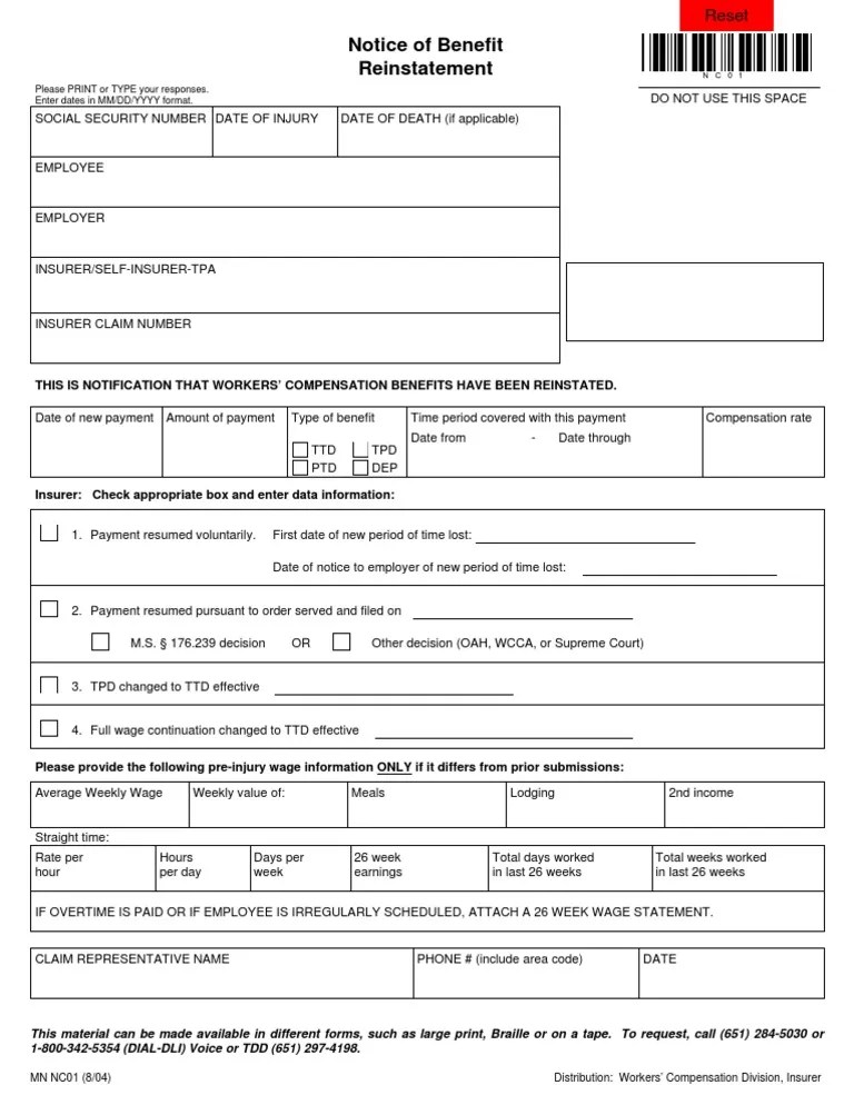 Department of Labor nc01 Wage Workers' Compensation