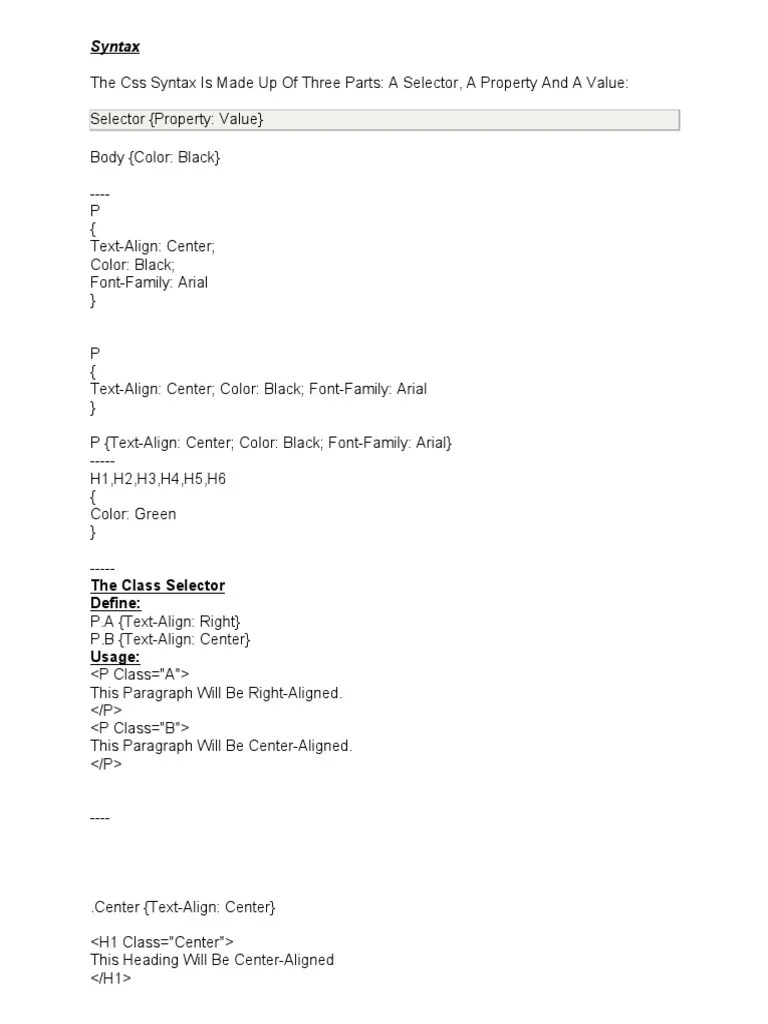 Syntax The Class Selector Define PDF Cascading Style Sheets