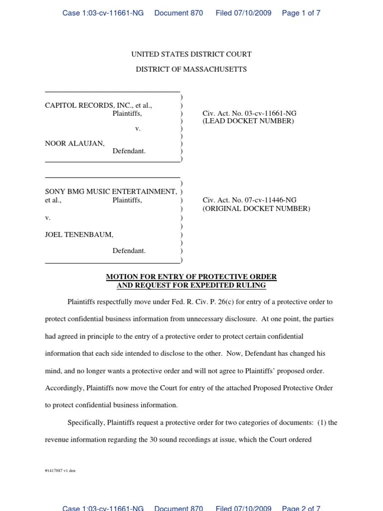Plaintiffs Motion For Protective Order Re Revenues Discovery (Law