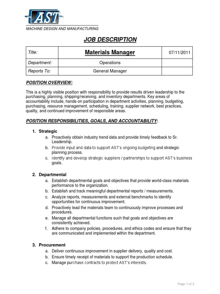 Job Description Materials Manager Inventory Production And