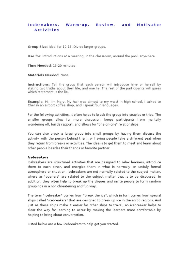 Icebreakers PDF Brainstorming Classroom