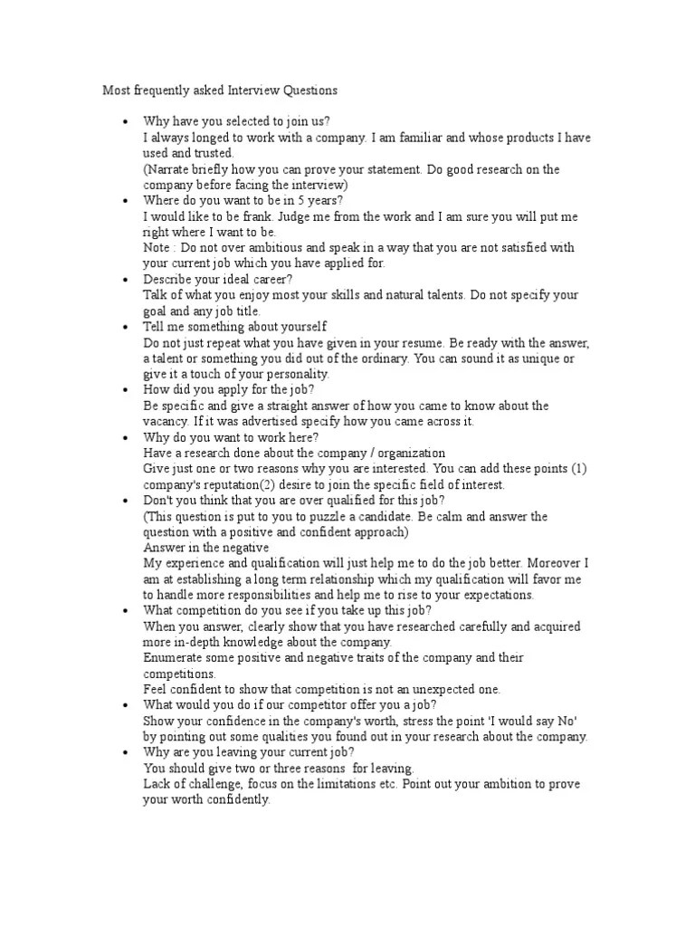 Most Frequently Asked Interview Questions Question Complaint