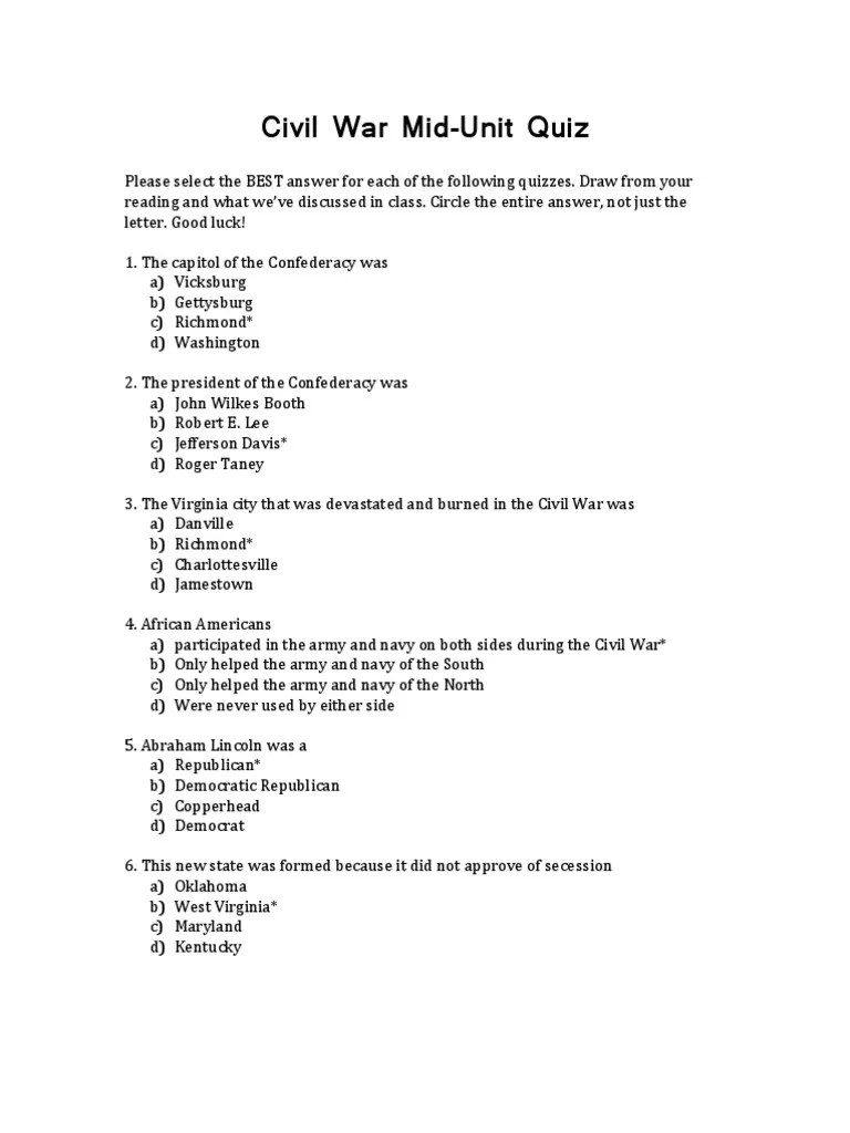 Civil War Quiz Assessment American Civil War Union (American Civil War)