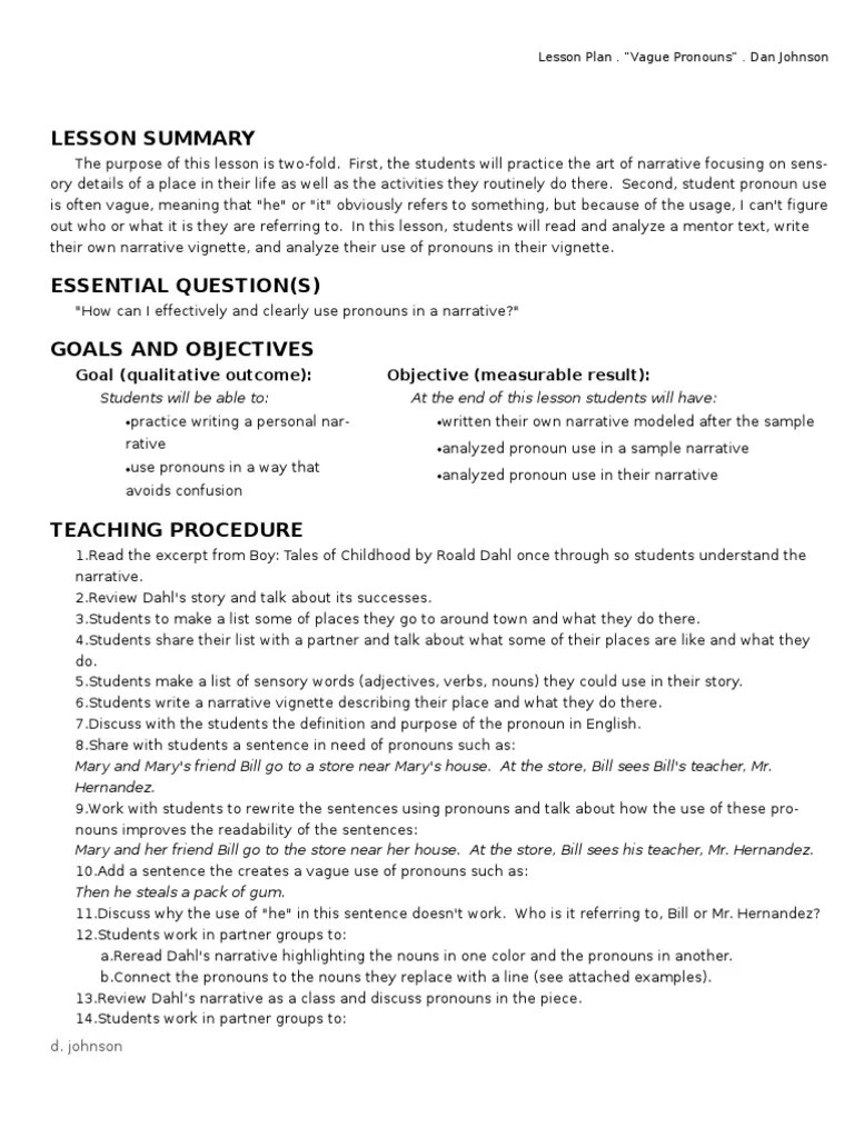 Vague Pronouns Narrative Lesson Plan Dan Noun Sentence (Linguistics)