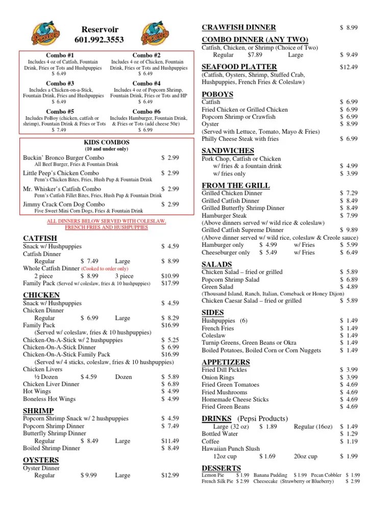 Penns Restaurant Reservoir Menu Hamburgers Food And Drink