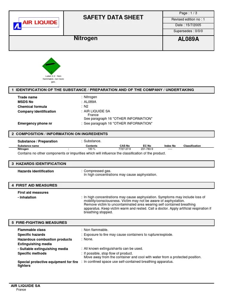 N2 MSDS(Air Liquide) Safety Chemistry