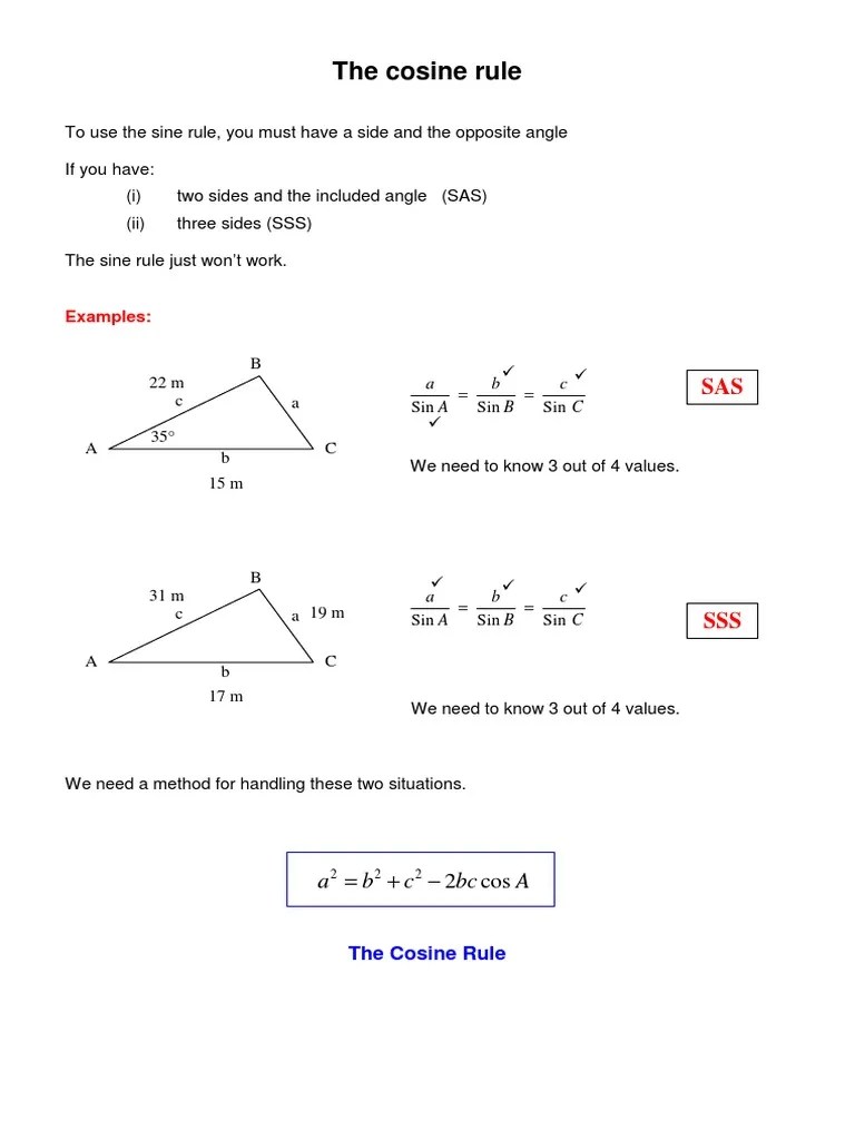 Trigonometric functions of the cosine rule for sine