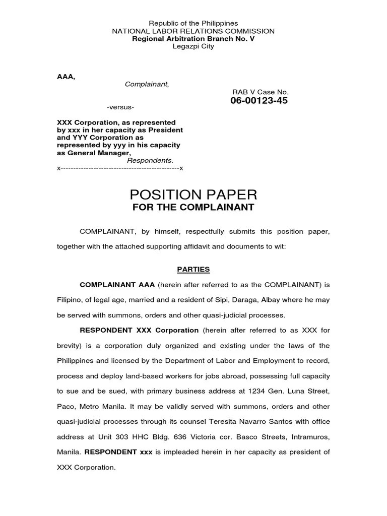 Sample Respondent Position Paper Nlrc Reply Position Paper Respondent Republic Of The Philippines Department Of Labor And Employment National Capital Region North Sector Quezon City Mr Nag Course Hero Respondents