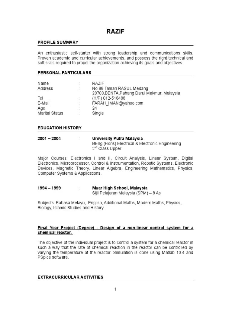 Fresh Graduate Resume Sample Electronics Electrical Engineering