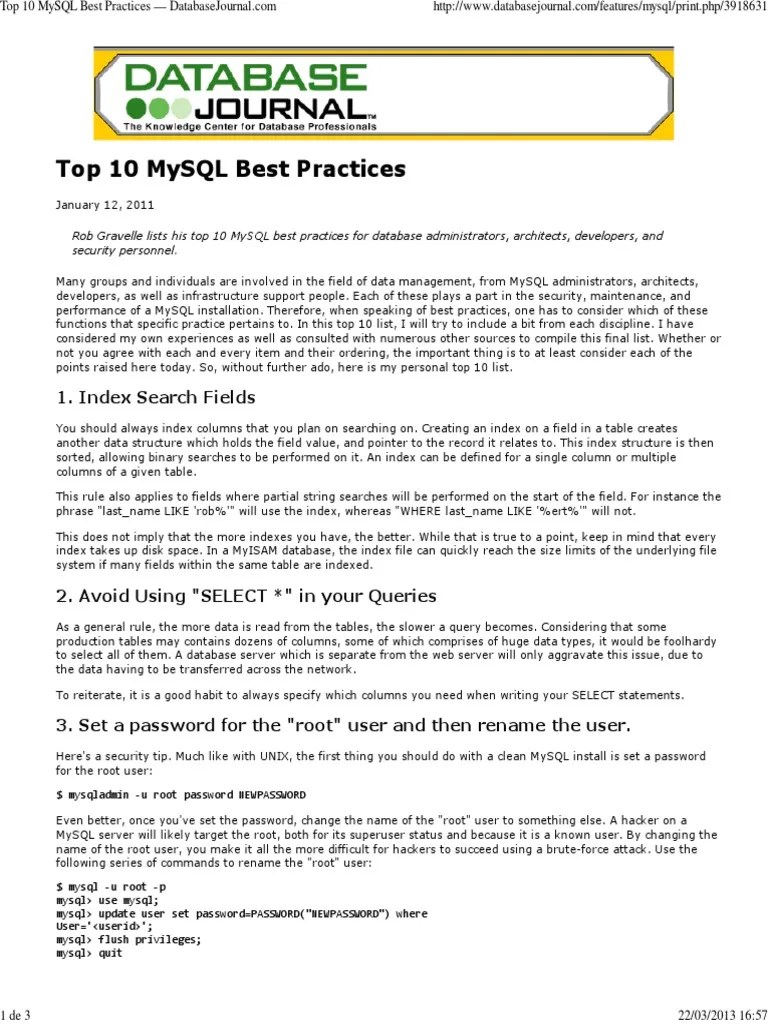 Top 10 Mysql Best Practices 1. Index Search Fields PDF Database