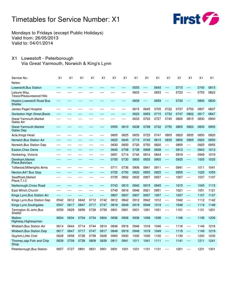 Lowestoft Norwich X1 Timetable Bus Transport Public Transport