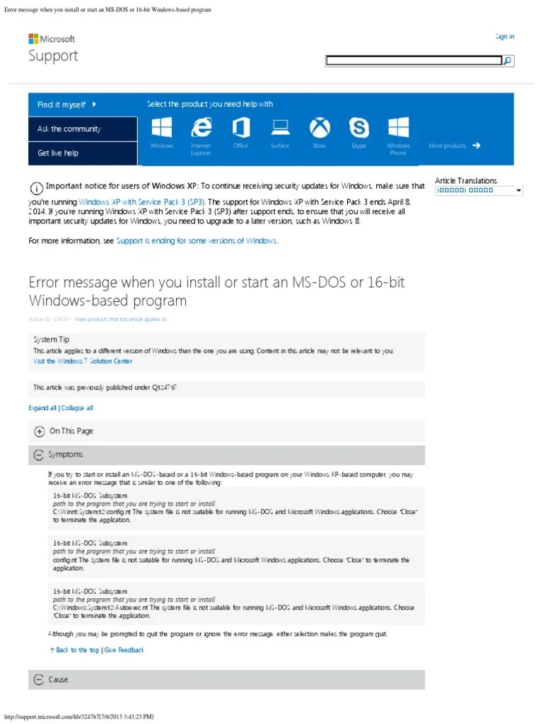Error Message When You Install or Start an MSDOS or 16Bit Windows
