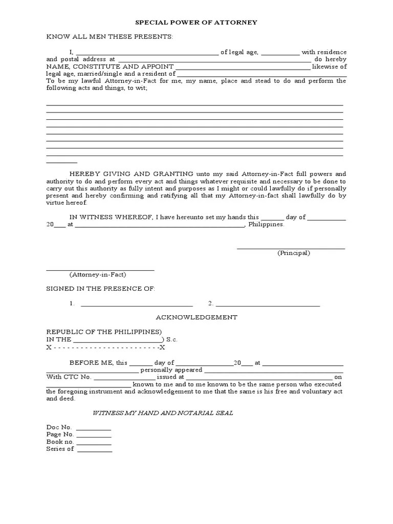 Special Power of Attorney Form 1