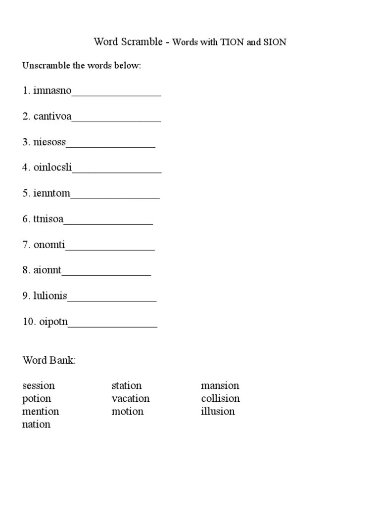 Tion And Sion Worksheets