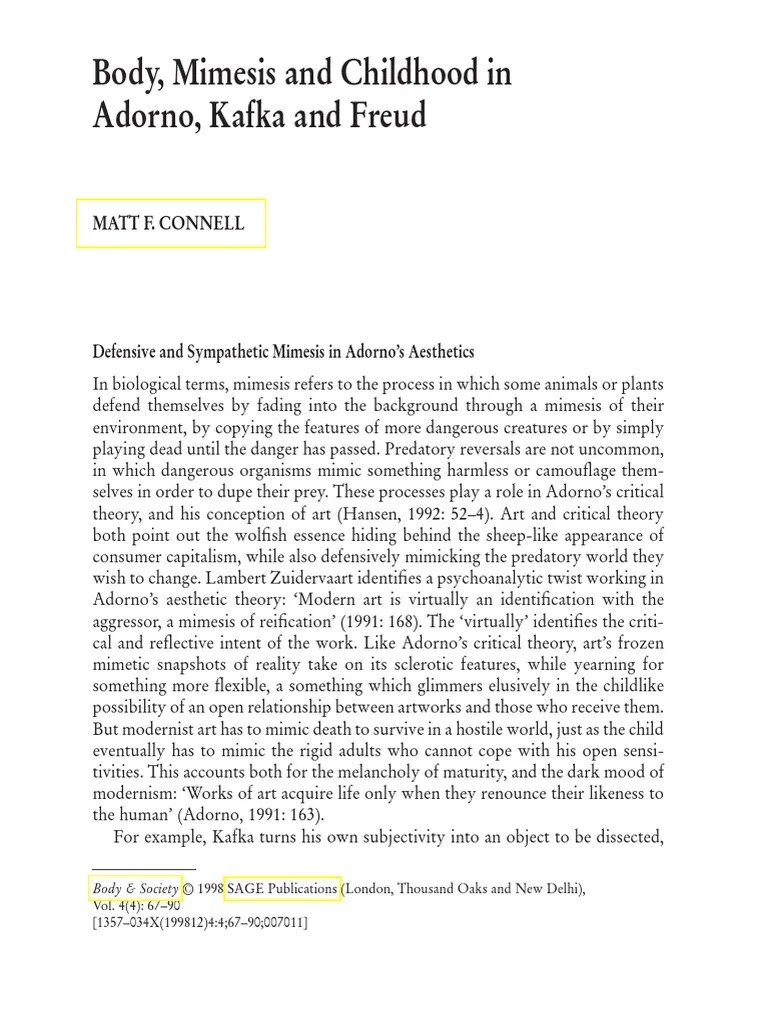 Body, Mimesis and Childhood in Adorno, Kafka and Freud PDF Theodor