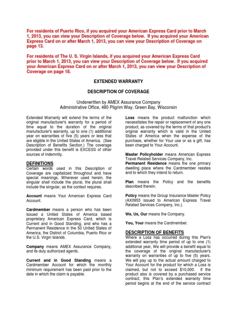 Amex Extended Warranty PDF Subrogation Misrepresentation