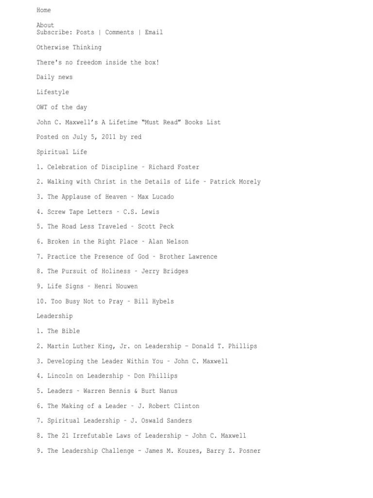 John C. Maxwell's A Lifetime "Must Read" Books List Otherwise