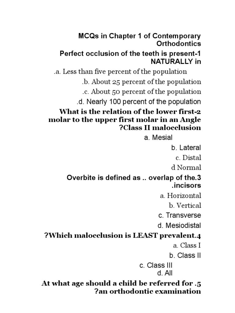 MCQs in Chapter 1 of Contemporary Orthodontics Orthodontics Dental
