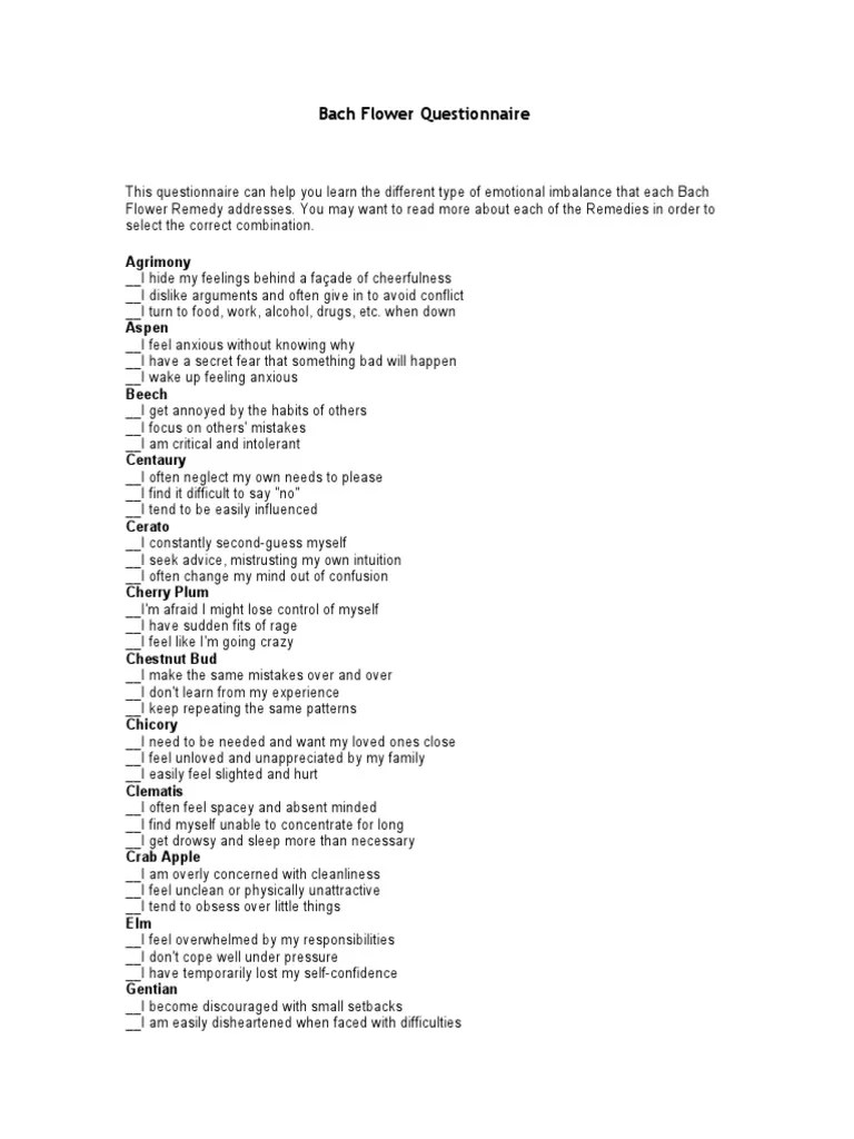 Bach Flower Questionnaire PDF