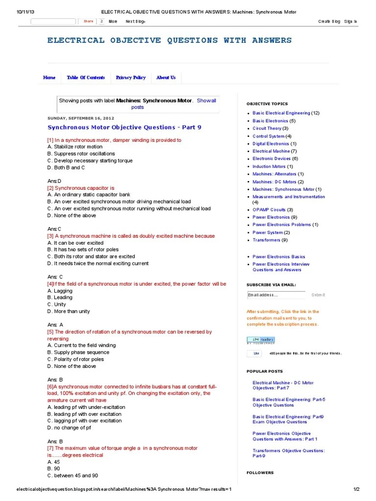 Electrical Objective Questions With Answers Machines Synchronous