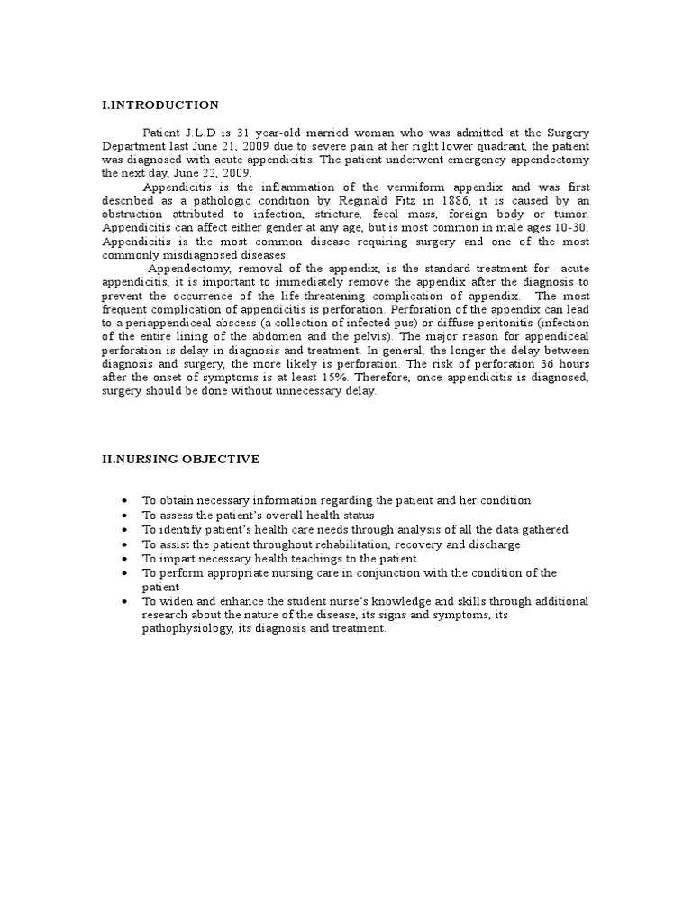Appendectomy/ Appendicitis Case study Diseases And Disorders Wellness