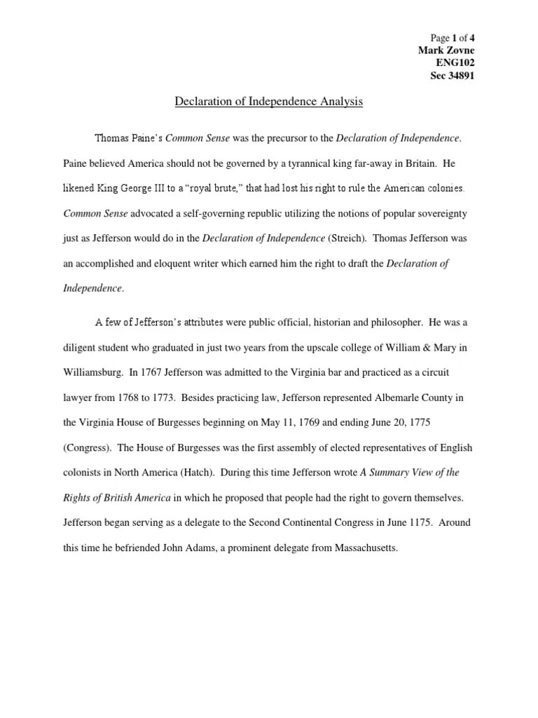 Declaration of Independence Analysis PDF United States Declaration