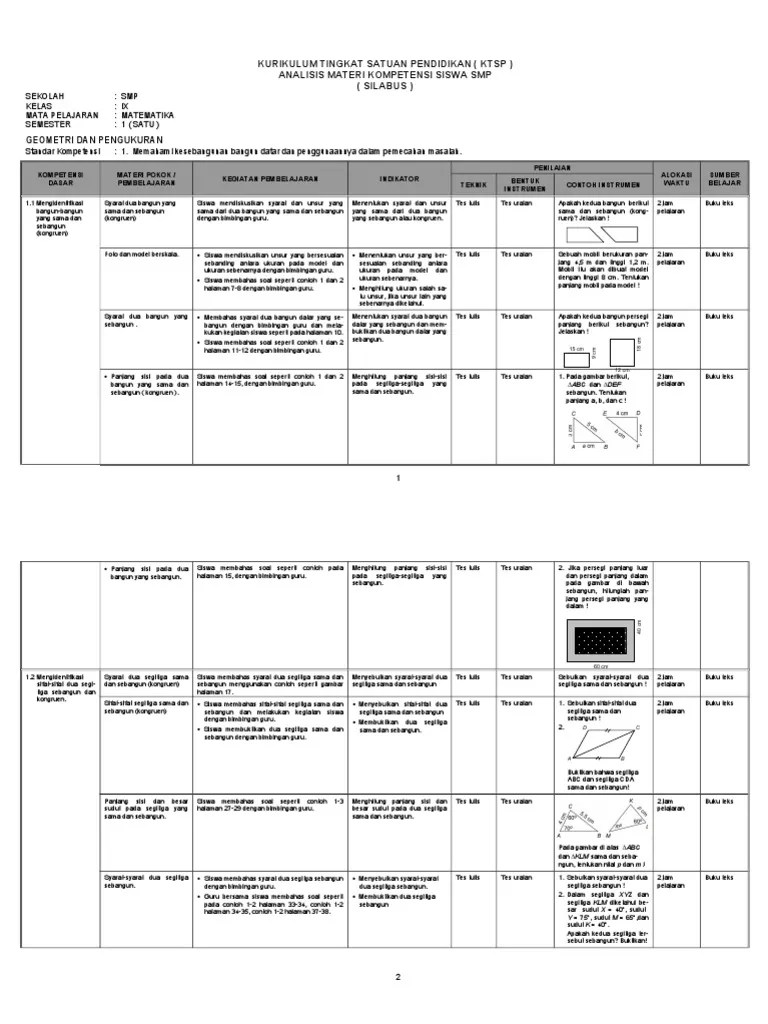 Silabus Matematika Smp Kelas Ix Semester 1
