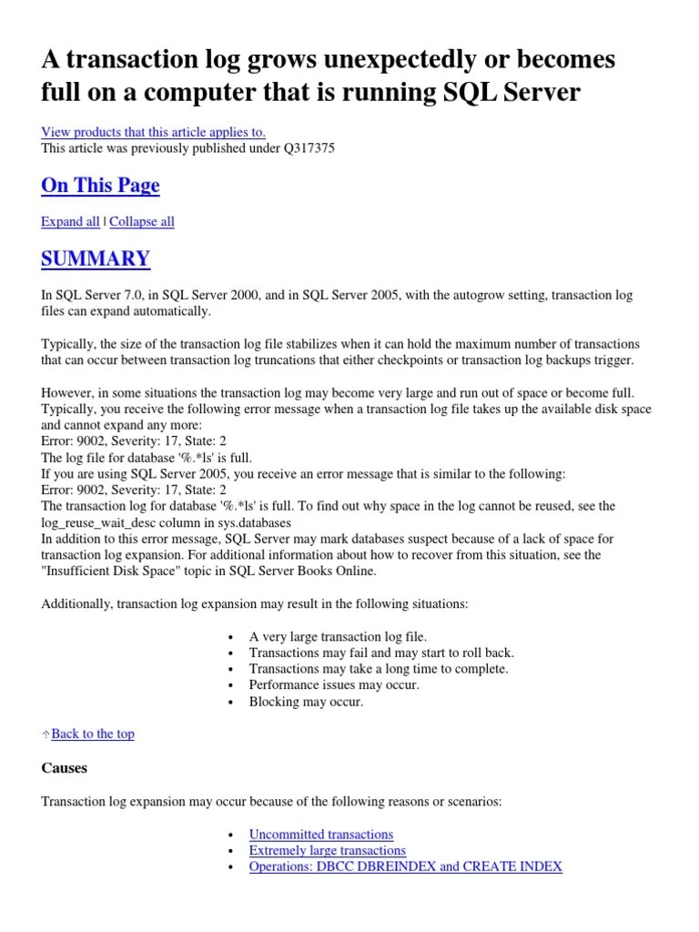 A Transaction Log Grows Unexpectedly or Full On A Computer That