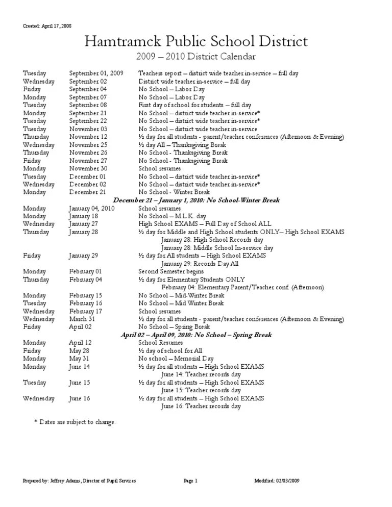 Hamtramck Public School District 2009 2010 District Calendar PDF