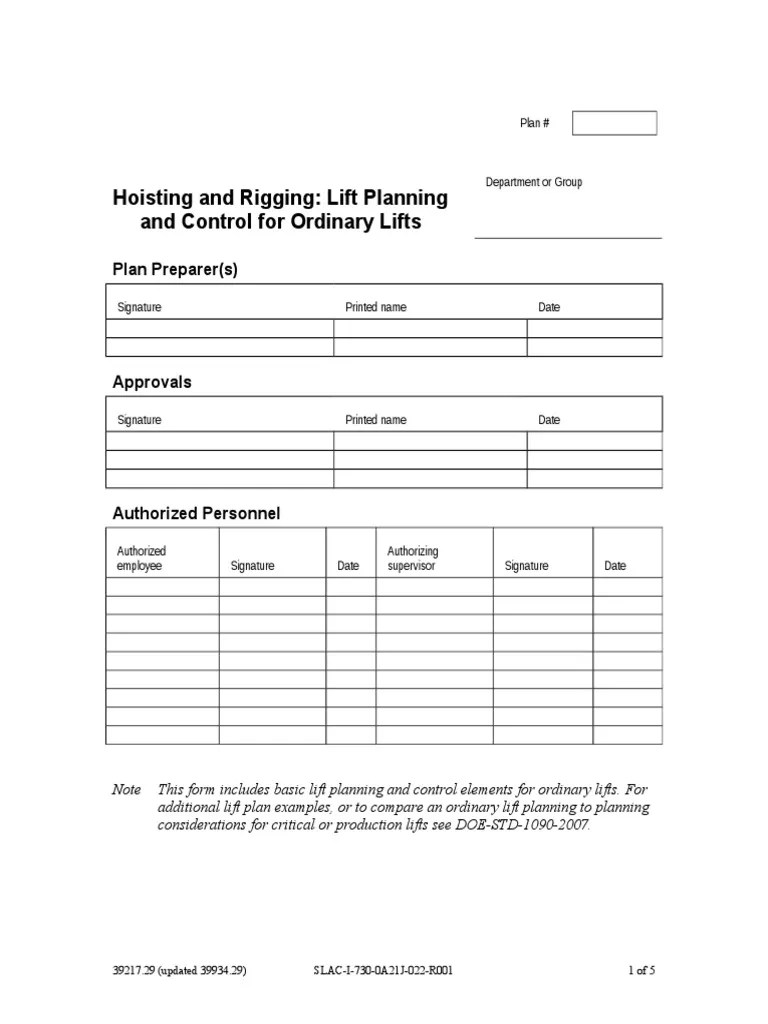 Hoisting and Rigging Lift Planning and Control For Ordinary Lifts